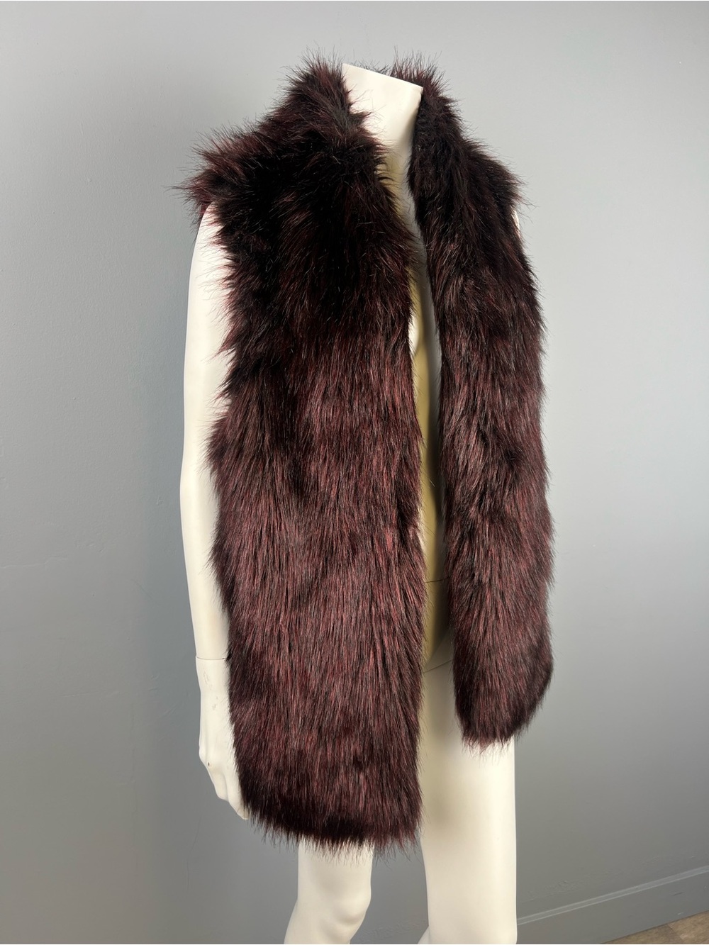 Faux Fur Long Vest in Deep Burgundy and Black Fur